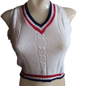 XS Vintage White Cable Knit Sleeveless Sweater Vest Japan Striped V-Neck Trim